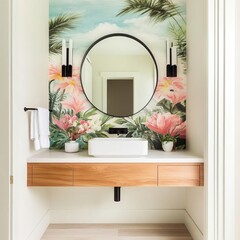 Floating vanity with a custom-painted mural, integrating art into design