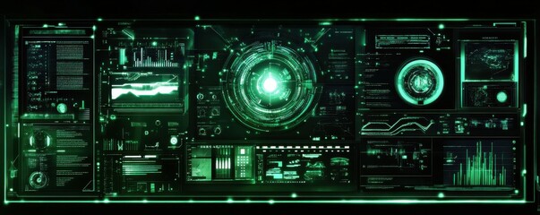 Fototapeta premium Futuristic neon green interface with digital data and graphs on screen