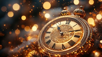 Obraz premium Golden vintage clock surrounded by sparkling lights, creating a festive atmosphere for celebration