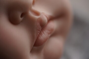 A hyper-realistic close-up of a doll's face, showcasing lifelike skin texture and soft lips. The...