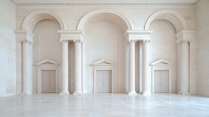 Fototapeta premium Elegant arched hall interior, empty space, marble walls, columns, doors