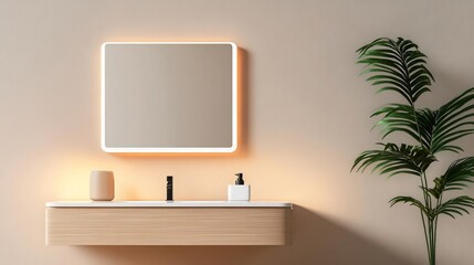 Floating vanity with an LED mirror that displays customizable designs