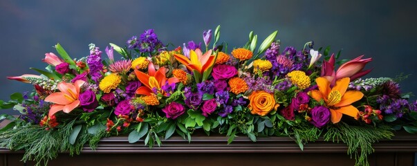 Vibrant floral arrangement with lilies, roses, and marigolds on wooden surface