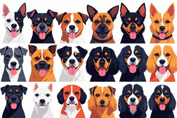 Obraz premium Colorful 90s Dog Character Head Illustration Collection in Modern Flat Design Featuring Vivid Breed Diversity