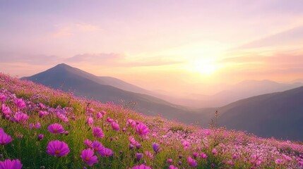 Bright dawn light illuminating a mountain valley filled with wildflowers.