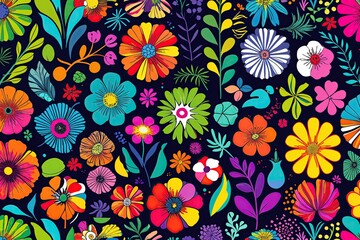 Fototapeta premium Vibrant Funky Pop-Art Seamless Collage of Eclectic Botanical Shapes and Patterns