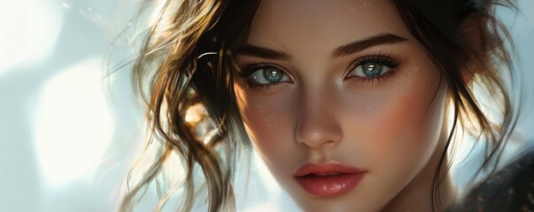 Fototapeta premium Enchanting young female with sparkling eyes in sunlit portrait
