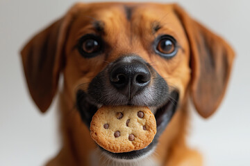 Cute beagle dog with brown eyes and fur holding a cookie snack with its muzzle, adorable pet image