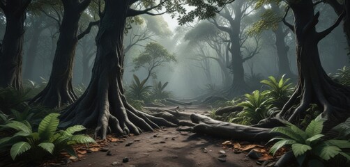 Dark forest floor with large exotic leaves and twisted tree trunks, dark forest, twisted trees,