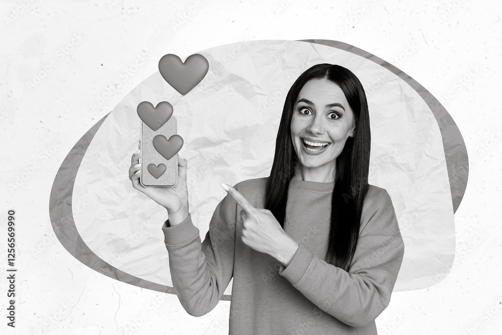 Poster 3d retro creative collage artwork template of smiling funny lady pointing modern device 14 february 