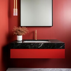 Red lacquer floating vanity with high-contrast black marble countertop