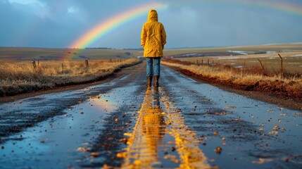 A person in a yellow raincoat stands on a wet road reflecting a vibrant rainbow in the background