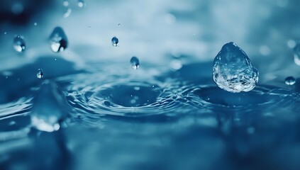 A Stunning Close-Up View of Water Droplets Splashing and Creating Concentric Circles on a Serene Blue Surface