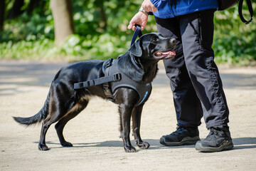 Labrador Retriever dog on a leash outdoors with owner in the park, enjoying a walk