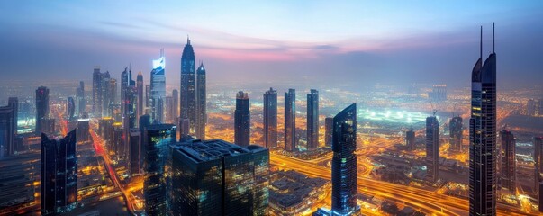 Fototapeta premium Majestic cityscape of dubai skyline at dusk with illuminated skyscrapers