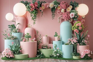 Elegant Pastel Exhibition Backdrop Featuring Volumetric Design and Floral Garden Elements