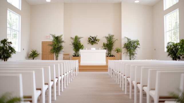 Modern church interior, wedding ceremony setup, peaceful ambiance, rows of white chairs
