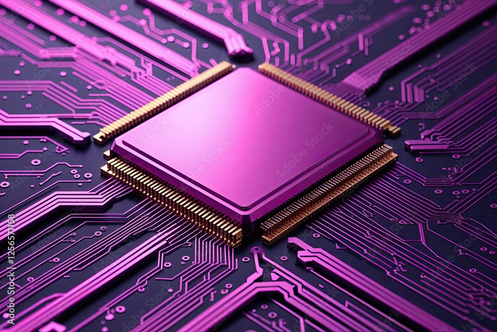 Poster advanced circuit technology background with futuristic magenta texture and quantum concepts