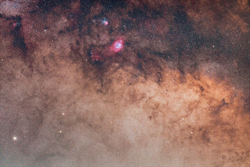 Galactic center of the Milky Way. The Milky way and the Lagoon nebula. Lagoon Nebula and Trifida. Photography of the Milky Way with M8 M20 telescope. Sagittarius Constellation © Hector