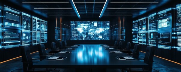 High-tech conference room with digital screens and futuristic display
