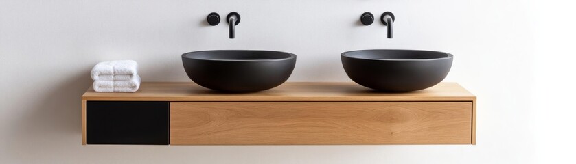 Two-tone floating vanity with contrasting black and natural wood elements