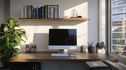 Fototapeta premium Floating wall shelves in a modern workspace with smart storage solutions.