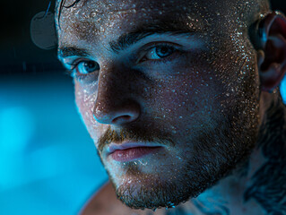 Caucasian swimmer prosthetic arm is poised on starting block glistening water droplets on skin focused expression illuminated bright pool lights ready for action.