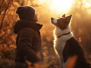 Border and Collie dog with a boy in autumn forest at sunset, embracing nature outdoors