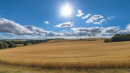Fototapeta premium Golden wheat field under a radiant summer sun and blue sky.