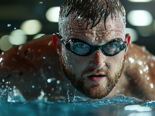 skilled swimmer prosthetic arm prepares dive water droplets glistening on his skin and prosthetic. Bright pool lights illuminate focused expression.