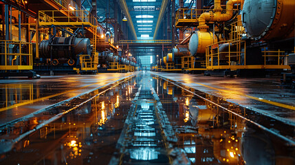 Naklejka premium A polished, clean ironworks floor with neatly arranged machinery, reflecting a calm yet powerful atmosphere in an industrial setting. 