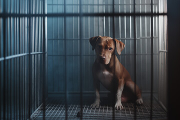 Pitbull puppy dog in a cage, looking sad and adorable in a rescue shelter environment