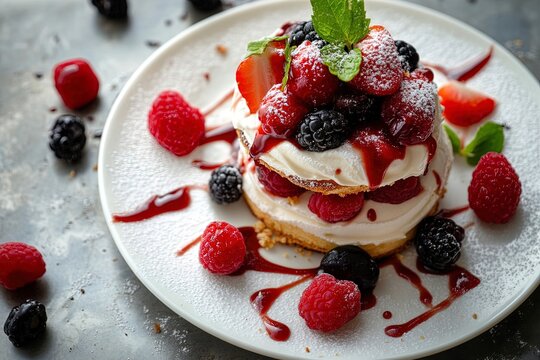 Plate of pancakes topped with whipped cream, berries, and syrup, served fresh and inviting.