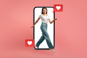 A young woman is stepping out of a smartphone, engaging with popular social media applications. Heart icons float around, symbolizing love and connection on Valentine's Day.