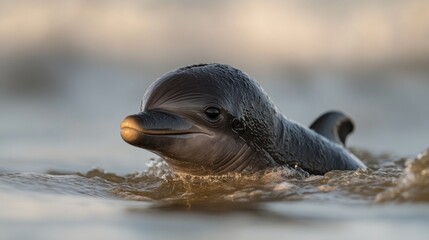 Baby dolphin swims ocean sunset; wildlife nature