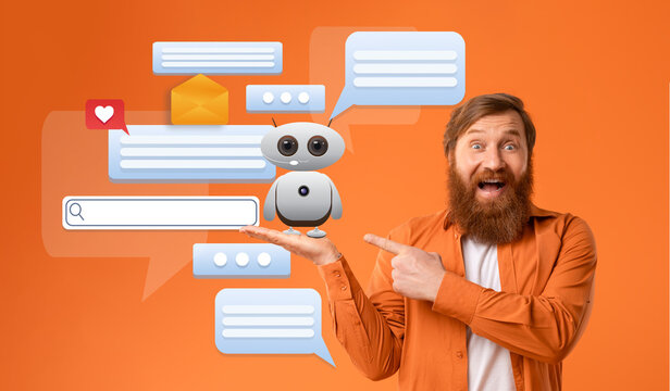 A man with a beard excitedly interacts with a virtual assistant depicted as a small robot. Speech bubbles and icons illustrate modern digital communication and assistance applications.