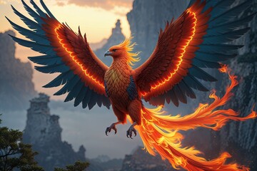 Fototapeta premium Fantasy Phoenix Rising: A Soaring Avian of Renewal and Flame