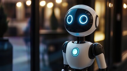 Humanoid robot with glowing blue eyes and friendly appearance, suggesting futuristic technology and innovation.
