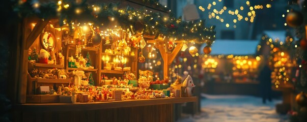 Obraz premium Festive christmas market stall with decorations and warm lights in evening glow