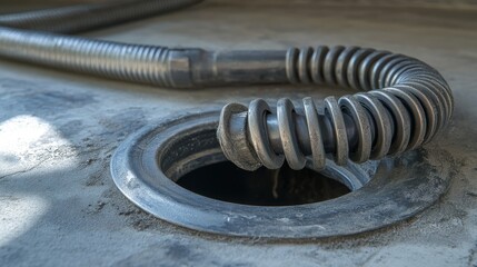 A coiled metal drain snake tool with a rubberized handle, placed beside an open floor drain.