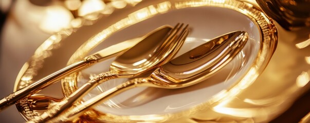 Elegant gold tableware setting with fork, knife, and spoon on fine plate for luxury dining