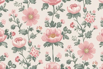 Charming Playful Floral and Classic Motif Pastel Pink and Cream Wallpaper Seamless Design for Children's Room and Nursery Decor