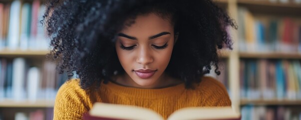 Young african female immersed in reading at a library