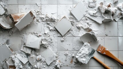 A construction scene featuring removed tiles, tools, and cement dust.