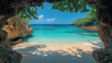 Fototapeta premium Serene Tropical Beach View Through Rock Archway, Lush Greenery Framing Crystal Clear Water