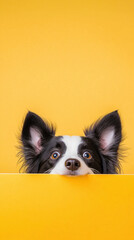 Border collie dog with alert ears on a cute yellow background, playful pet looking curious