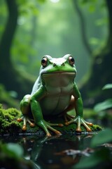 Naklejka premium Frog with white covering in misty jungle, wildlife, nature, jungle
