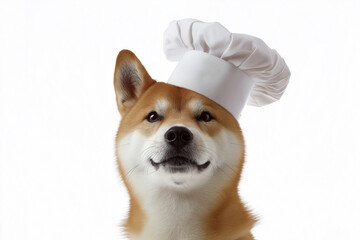Shiba Inu chef dog in cute hat, adorable portrait of smiling animal as playful pet
