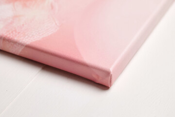 Close-up view of a pink-toned stretched photo canvas print with a gallery wrap edge, placed on a white wooden surface, highlighting texture and detail