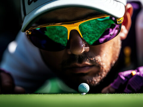 South Asian golfer leg prosthetic concentrates on aligning putt soft evening light. lush green surface creates serene backdrop for focused moment.